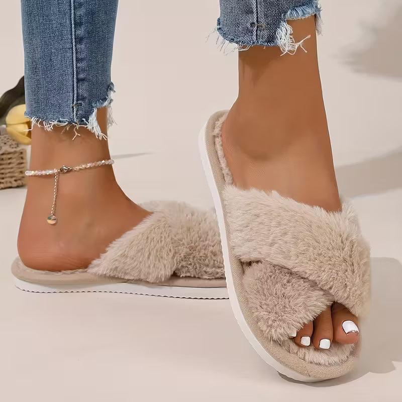 Gemütliche Plüsch-Pantoffeln für Damen mit Kreuzbändern